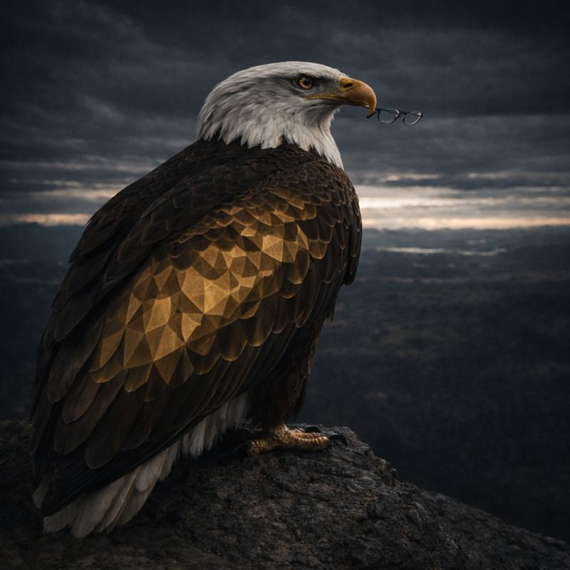 Matte, goldene Low-Poly-Adler-Illustration mit wachem Blick – G`Oldie Eagly von papa.exe