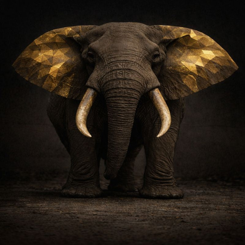 Matte, goldene Low-Poly-Elefanten-Illustration mit ruhigem, erfahrenem Ausdruck – G`Oldie Bulle von papa.exe