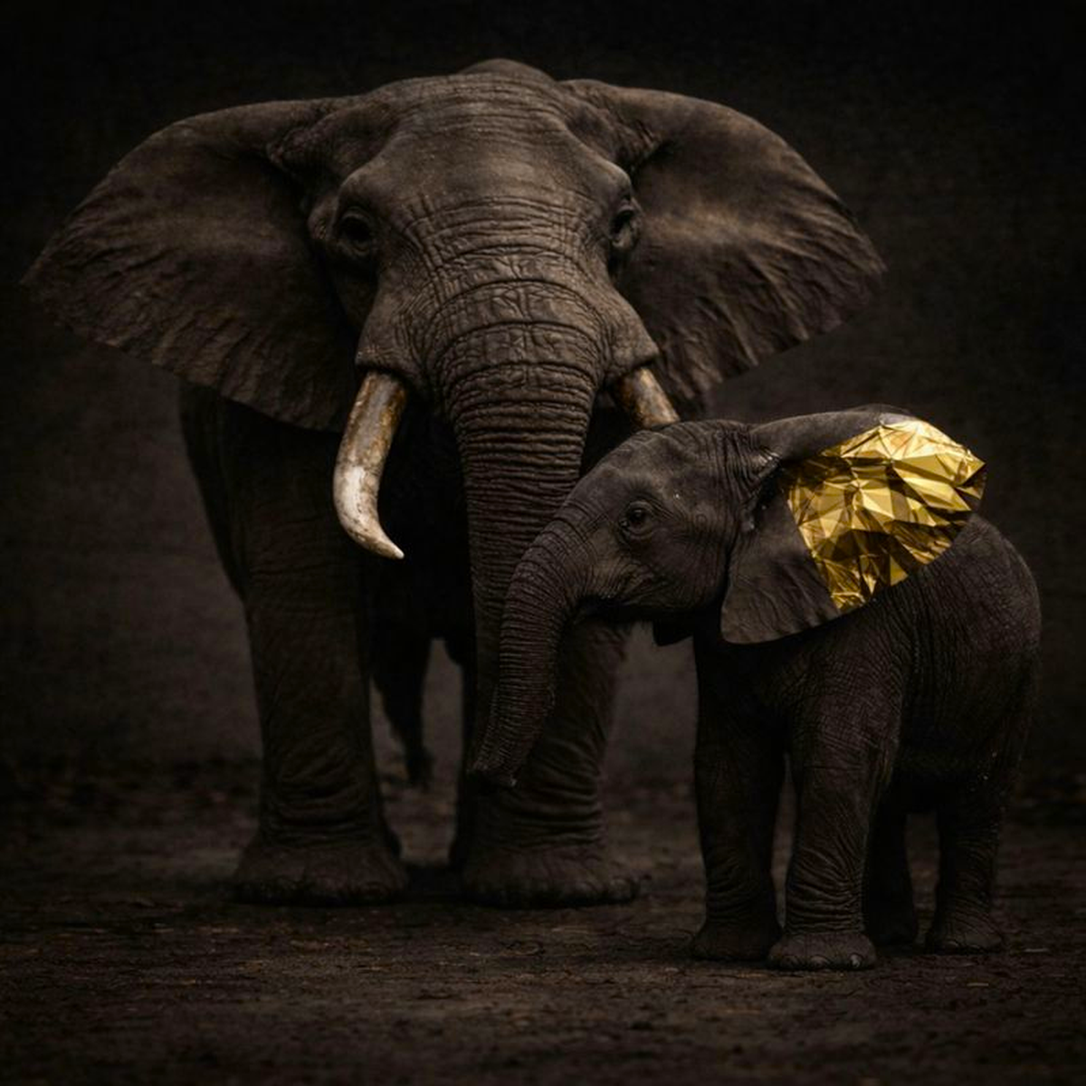 Goldene, hochglänzende Low-Poly-Elefanten-Illustration mit grünen Augen – Goldie Respawn Dumbo von papa.exe