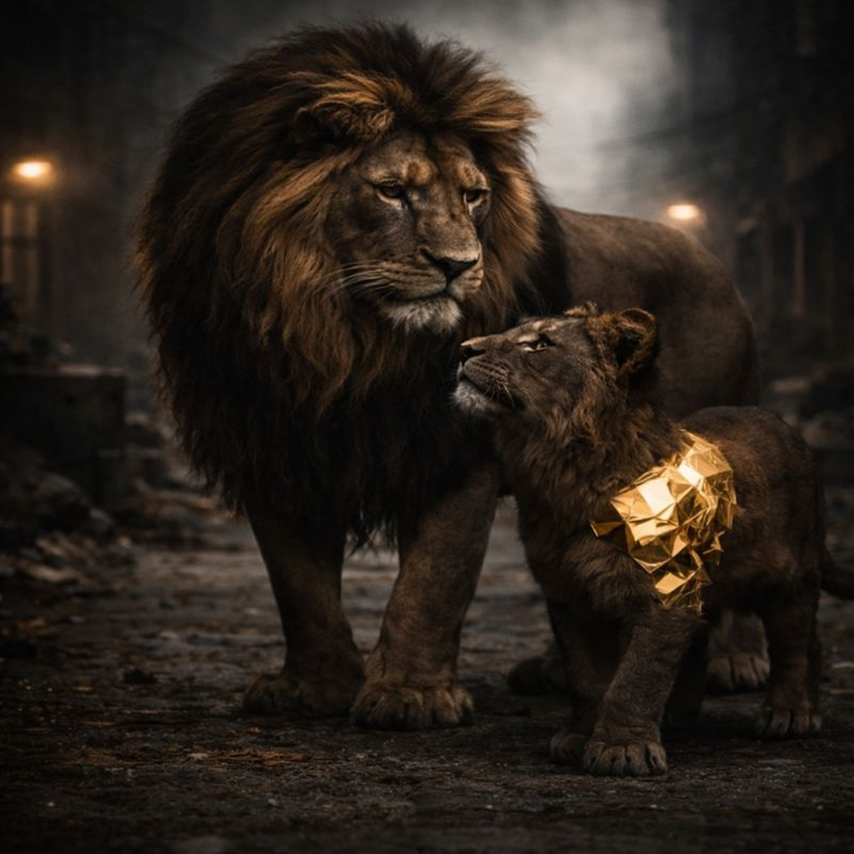 Goldene, hochglänzende Low-Poly-Löwen-Illustration mit grünen Augen – Goldie Respawn Löwe von papa.exe