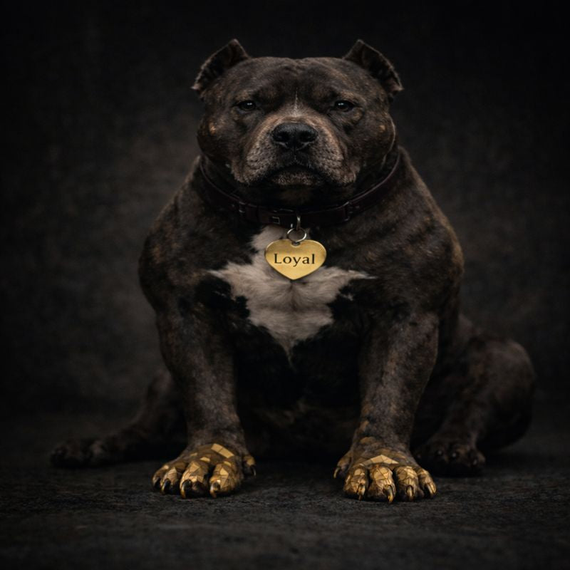 Matte, goldene Low-Poly-Pitbull-Illustration mit ernster Ausstrahlung – G`Oldie Pit von papa.exe