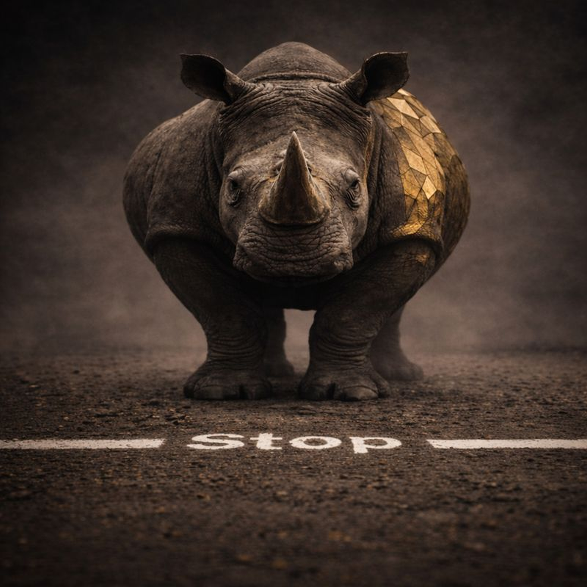 Matt-goldener Low-Poly-Nashornkopf mit abgenutzter Optik auf dunklem Hintergrund – G`Oldie Rhino Design