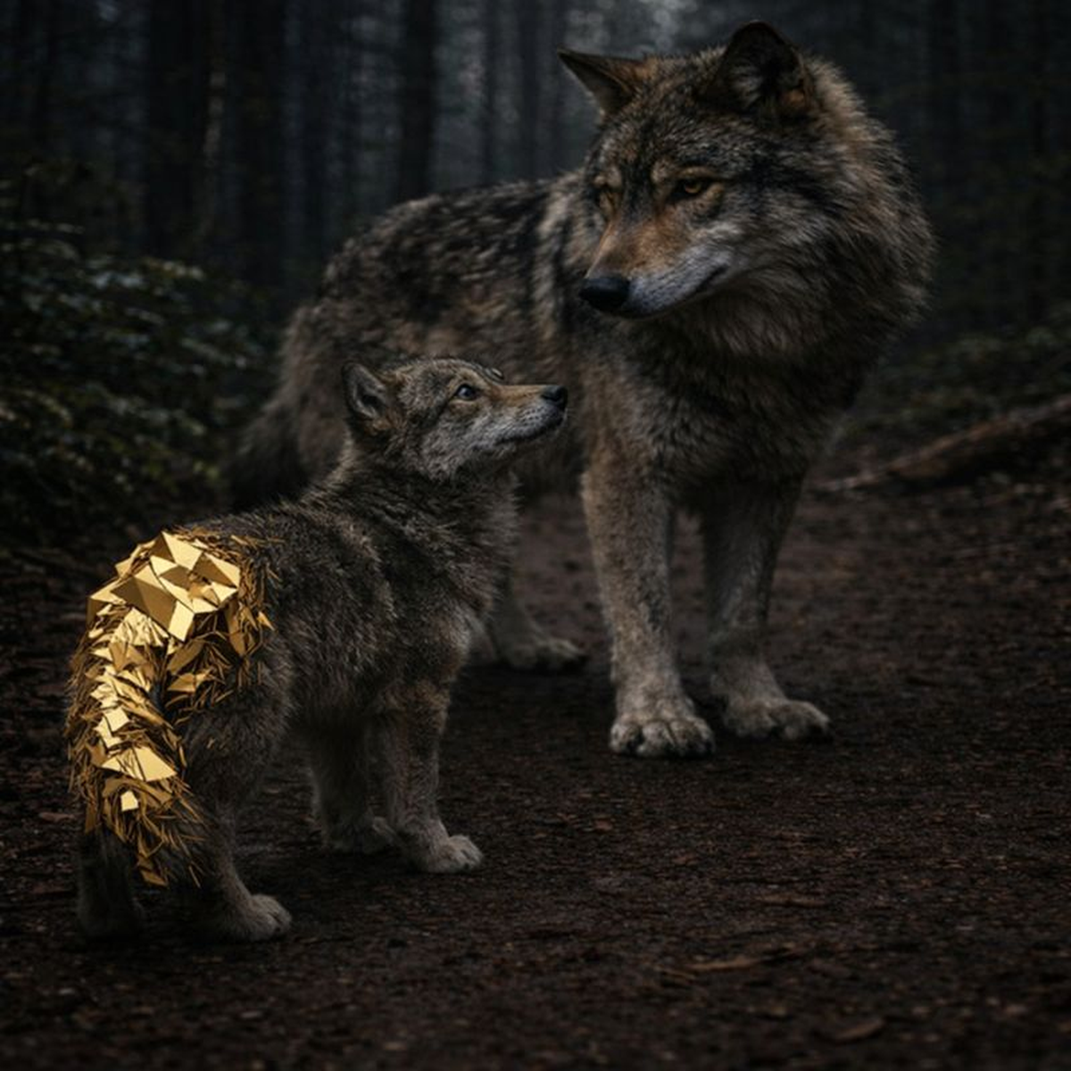 Goldene, hochglänzende Low-Poly-Wolf-Illustration mit grünen Augen – Goldie Respawn Wolf von papa.exe